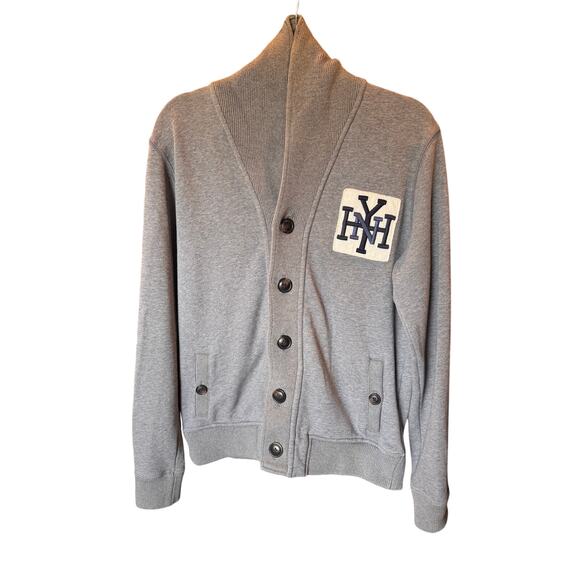 Tommy Hilfiger Men’s Medium Shawl Collar Cardigan Gray Button-Up Varsity Logo - Picture 1 of 12